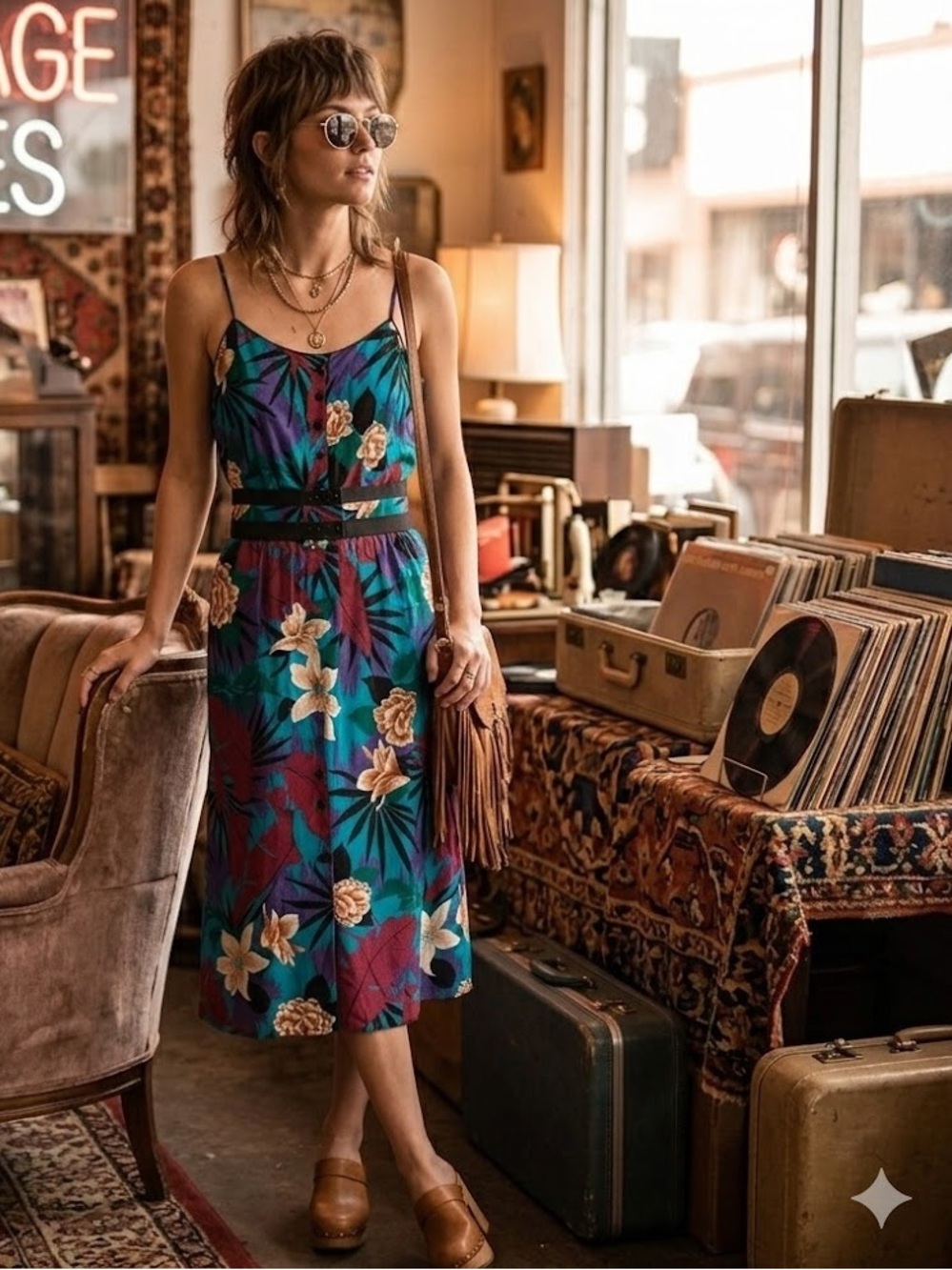 Vintage PBJ Floral Tropical Midi Dress in Teal Purple Size 5 Small 1970s 1980s